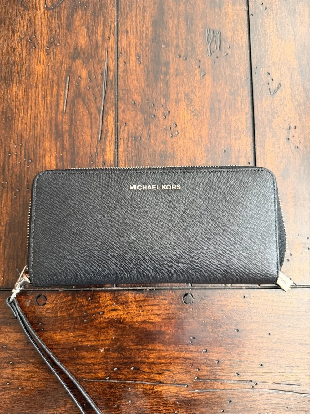 Michael Kors Black Saffiano Zip-Around Wristlet Wallet with Gold Logo